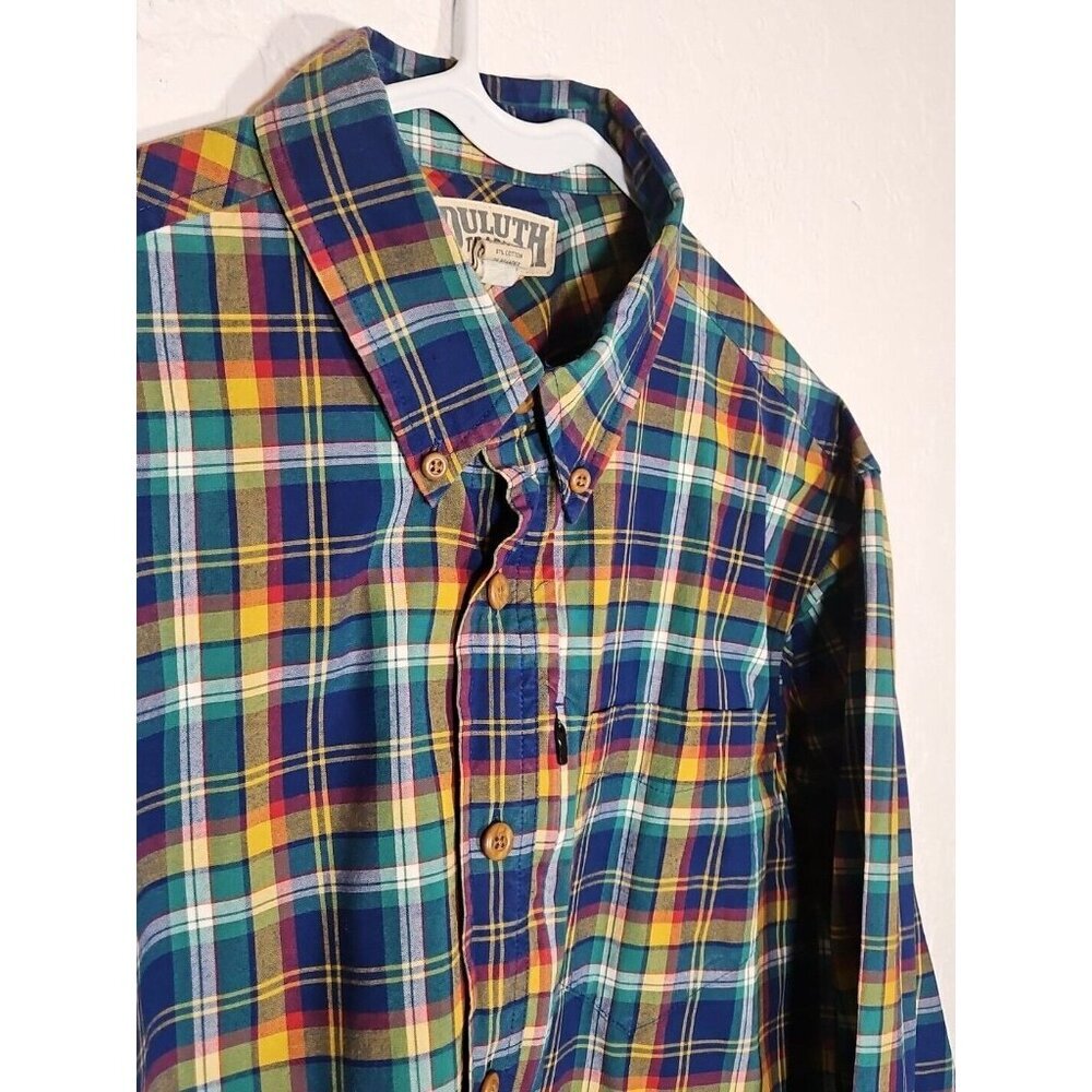 DULUTH Men's Cotton Shirt Button Down Green Blue Plaid Size Large Gorpcore